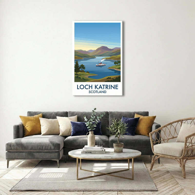 Loch Katrine, Scotland - Romantic Highlands Travel Poster With Steamship. Giclee Print On Wrapped Canvas. Wall Art, Home Decor - Natural Landmarks, Scotland - Wrapped Canvas Print