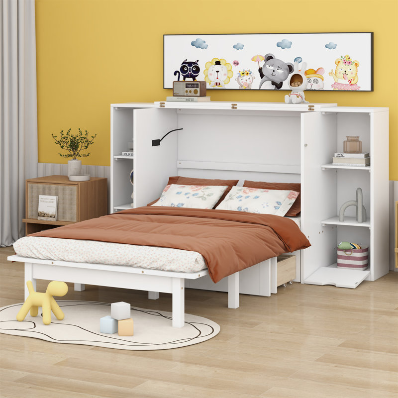 Lit escamotable avec tablettes, tiroirs et ports USB, Blanc, Grand