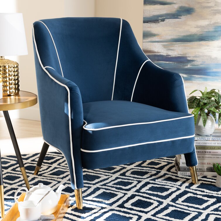 Everly Quinn Studio Modern Luxe and Glam Navy Blue Velvet Fabric Upholstered and Gold Finished Metal Armchair Everly Quinn Fabric: Blue Velvet