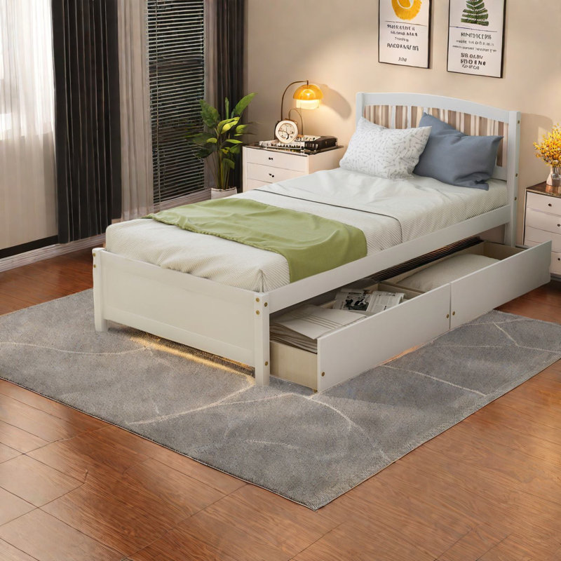 Lit simple moderne peu encombrant avec rangement, structure en bois massif pour la maison