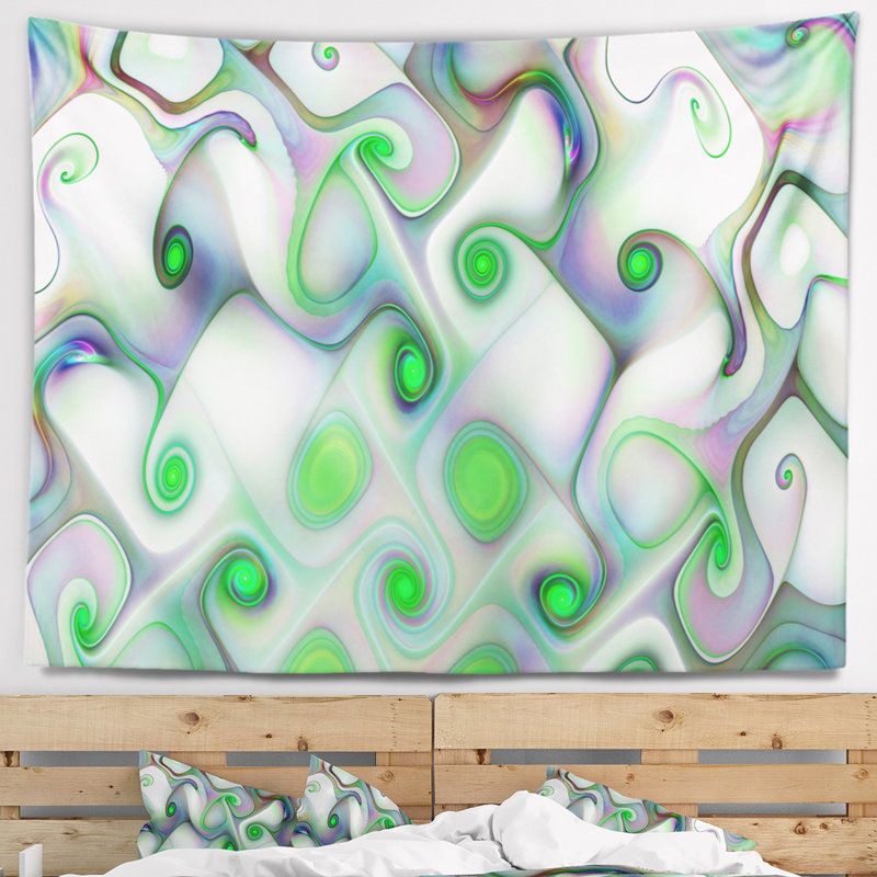 Tapisserie abstraite à motif blanc et vert avec tourbillons, H 78 po x l 92 po