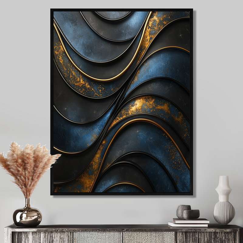 Odina Fractal Aqua Drift Of Marble II - art mural transitionnel, Noir, Impression encadrée sans passe-partout