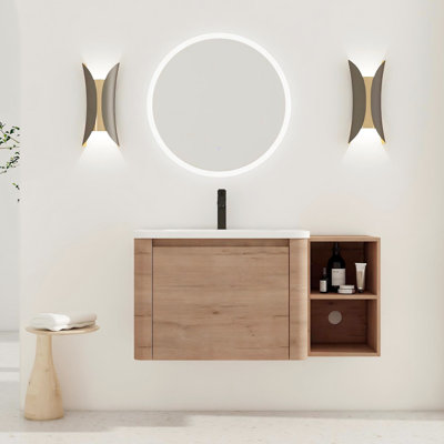 Meuble-lavabo mural de 40 po avec lavabo en céramique blanc, tablettes de rangement et 1 porte à fermeture en douceur, emballage en kd, fabrication en contreplaqué, charnières à fermeture silencieuse, tablettes à bords arrondis avec