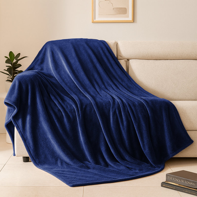 Fairmont Park Solid Color Lightweight, Warm Breathable, Soft Sherpa Fleece Blanket, Kingsize 240cm x 200cm, Navy