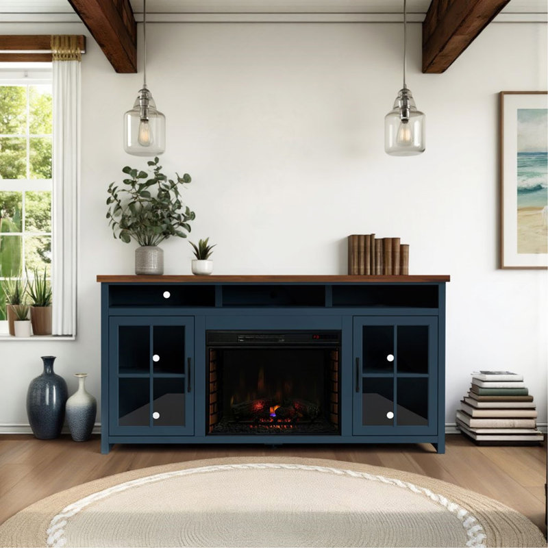 Meuble télé 74 po pour téléviseur de 85 po ou moins, assemblage minimal, denim bleu et finition whisky