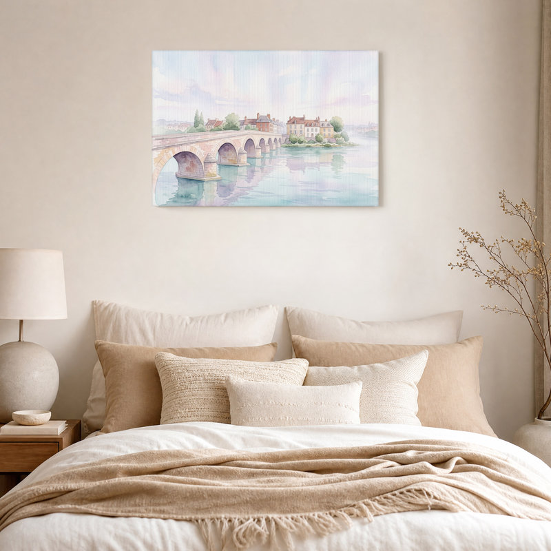 Tableau sur toile aquarelle Pont de pierre enjambant une ville fluviale, H 20 po x l 30 po
