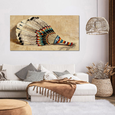 Grand art mural Crosslin, impression sur toile en éventail traditionnel, œuvre d'art indienne authentique pour maison et bureau, toile tendue avec cadre en pin, 24 po x 48 po