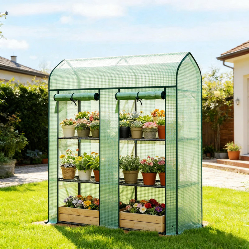 Mini Greenhouse, Portable Greenhouse With Three-Tier Plant Shelf, Green