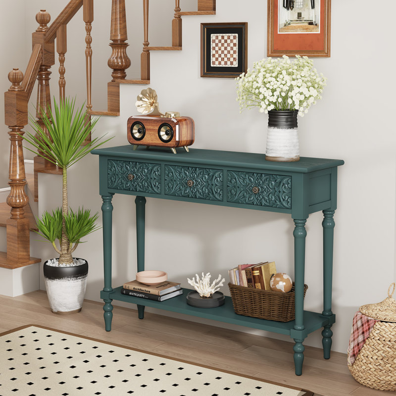 42"Carved 3-Drawer Console Table With Storage Shelf, Green