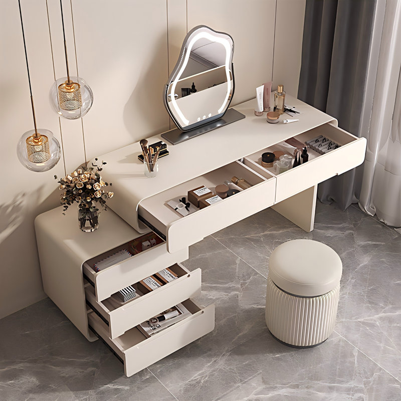 Table de coiffeuse 31,50 "en bois massif de style crème avec tabouret et miroir