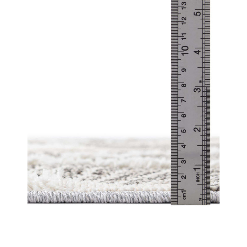 Tapis gris / ivoire en polyester tissé à la machine Jojean, Carré 7 pi 10 po