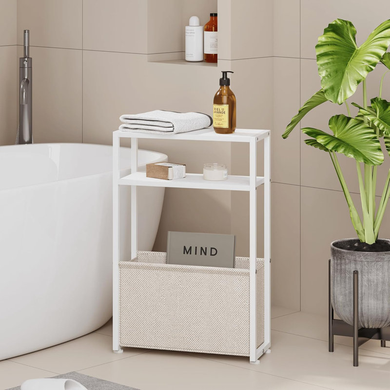 Slim White Metal Side Table with Fabric Basket