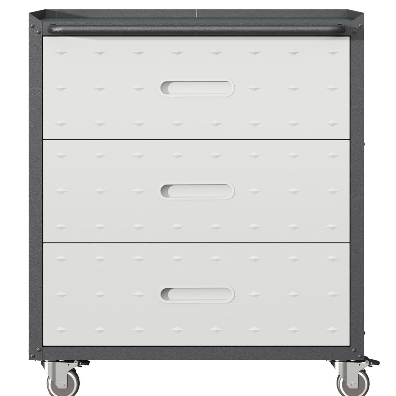 3 Drawer Heavy-Duty Metal Storage Cabinet With Wheels - For Garage, Office, Home Organization. Black/Gray. 29.83"W X 16.7"D 35.52"H. Steel. 360 Lockable . Generous Storage. Formaldehyde- Coating.