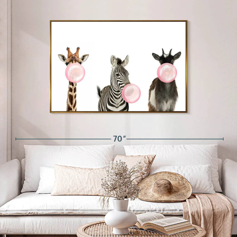 Animaux de safari Bubble Gum, 46 po x 31 po, Cadre flottant doré