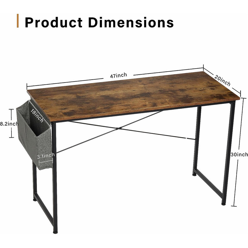 Writing Small Space Study Table Modern Simple Style Worktable with Storage Bag, 30" H x 47" W x 20" D