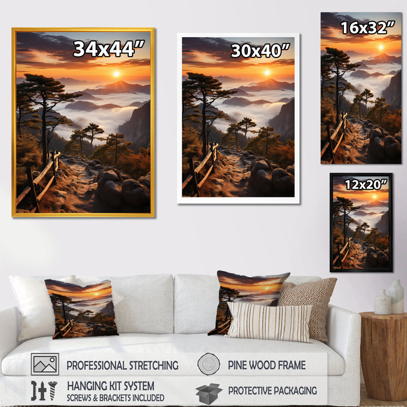 Montagne, forêt, coucher de soleil, silhouette II, Cadre flottant doré, H 60 po x l 28 po