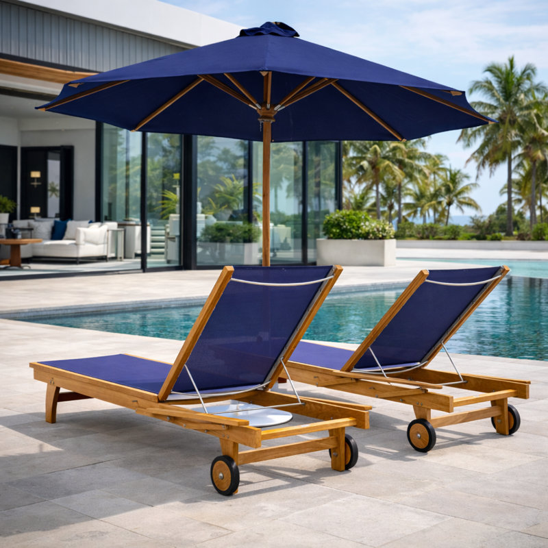 Maximilian Outdoor Teak Wood Chaise Lounge, Blue