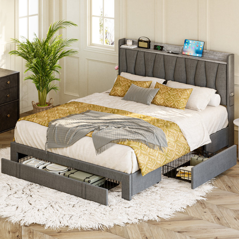 Gray Queen Upholstered Bed Frame with Storage and Charging Station