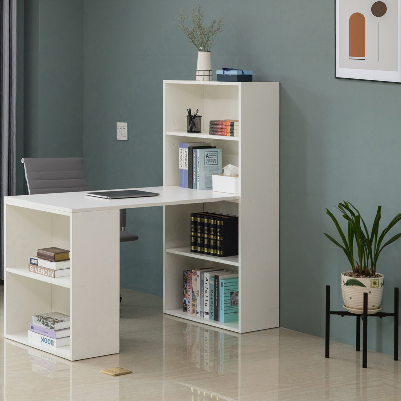 Modern White Solid Wood Writing Desk with Integrated Bookshelf