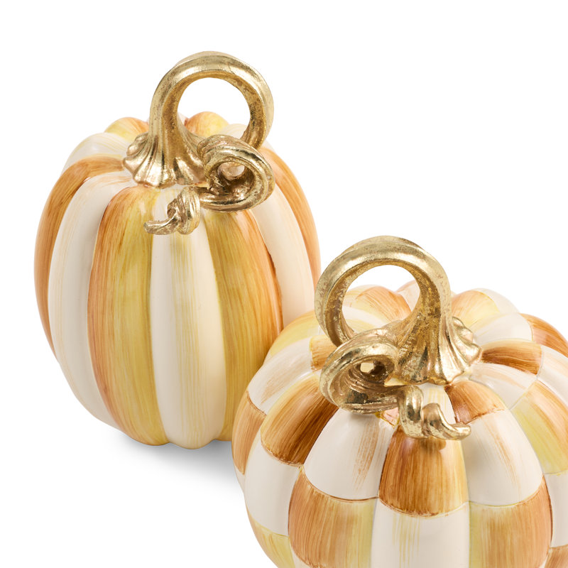 Chocolate Check And Stripe Petite Pumpkins, Set Of 2, Amber/White