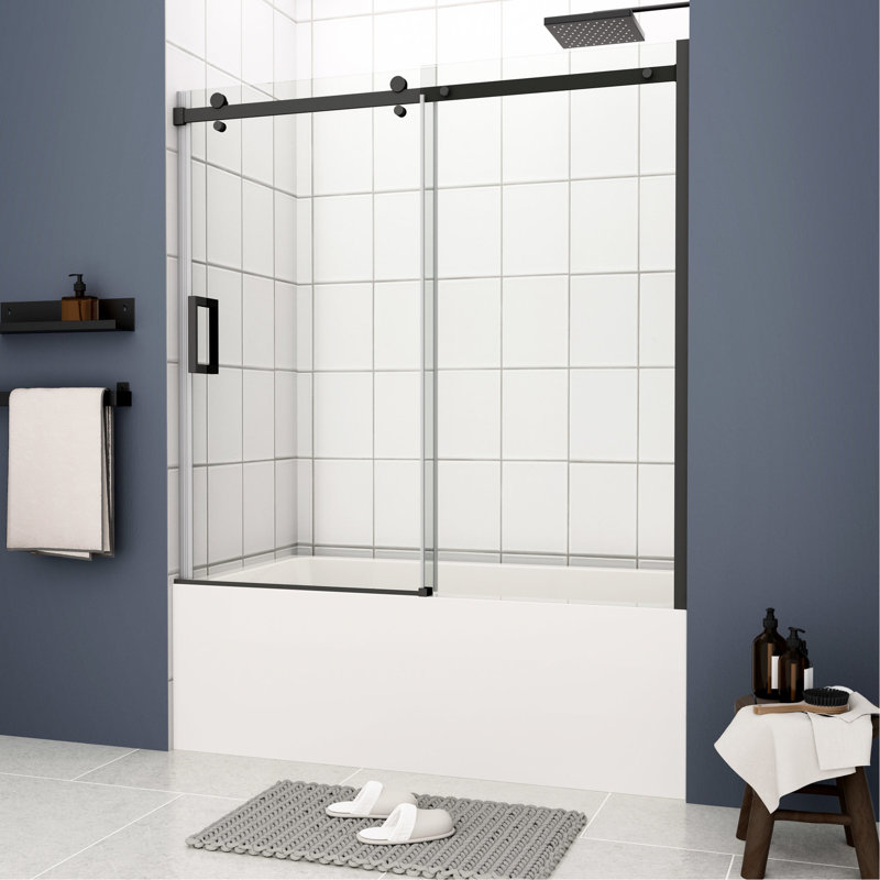 Sliding Bathtub Door, 5/16" Tempered Glass, Matted Black, Excellent Cleaning Capacity Door For Bathtub, Matte Leak Design