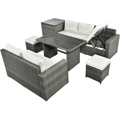 Outdoor 6-Piece All Weather Pe Rattan Sofa Set, Garden Patio Wicker Sectional Furniture Set With Adjustable Seat, Storage Box, Removable Covers And Tempered Glass Top Table