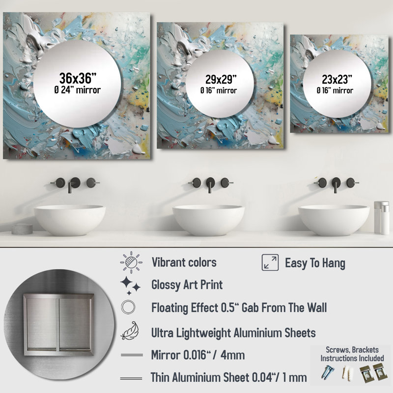 Deby - Art mural abstrait miroir carré pour salle de bain, 29 po x 29 po