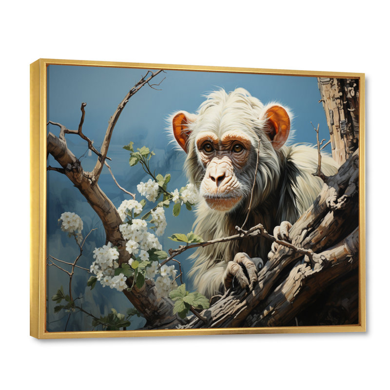 «Gray Brown Monkey Mischievous Monkey Pastoral», reproduction sur toile, Cadre flottant doré, 24" H x 32" W
