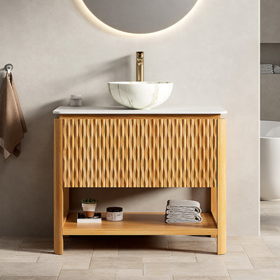 Meuble-lavabo 36 po, meuble de rangement autoportant en contreplaqué avec 2 portes en bambou texturé et tablette ouverte, vasque en céramique et plateau en pierre frittée