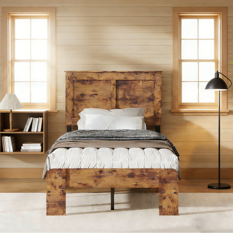 Rustic Wood Platform Bed with Tall Headboard, Farmhouse Bed Frame with Tall Legs and Underbed Storage, No Box Spring Needed, Dark Brown, Queen