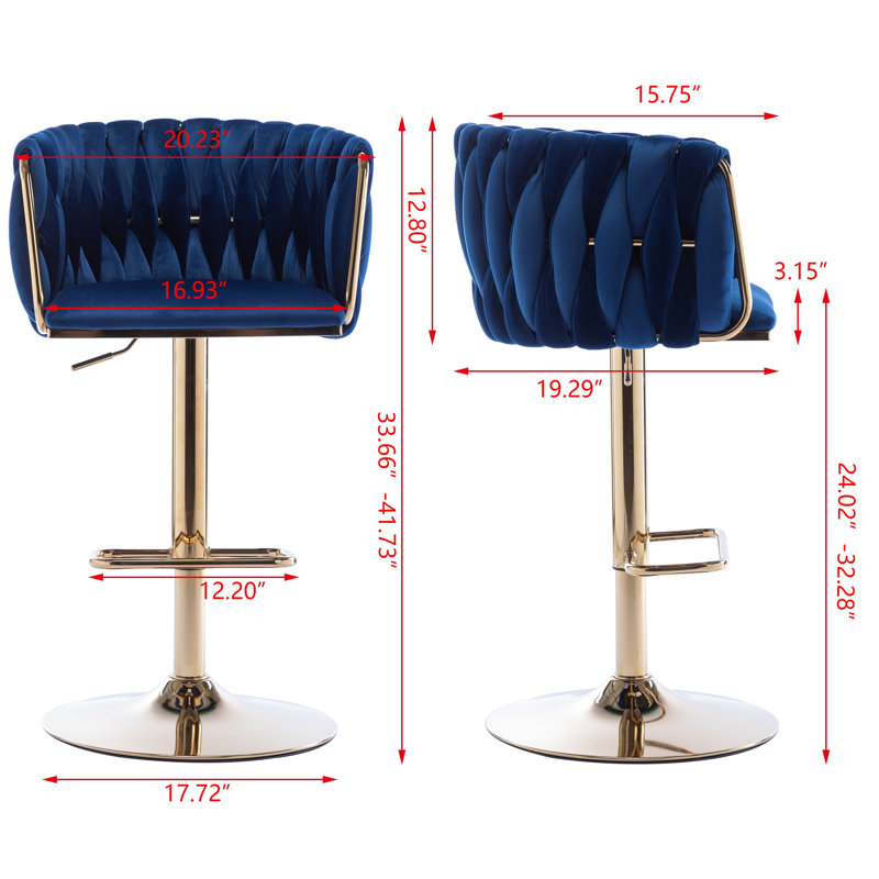 Set of 2 Velvet Upholstery Bar Stools – Chrome Footrest, Swivel, Height Adjustable Design for Kitchen or Bar, Navy