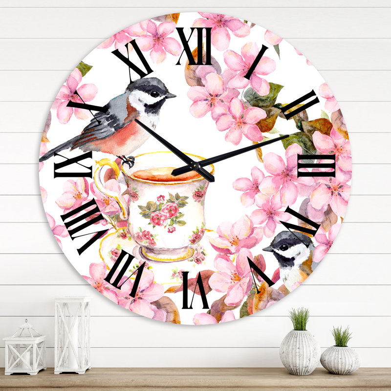 Tea Cup Birds and Flowers Wall Clock, Large