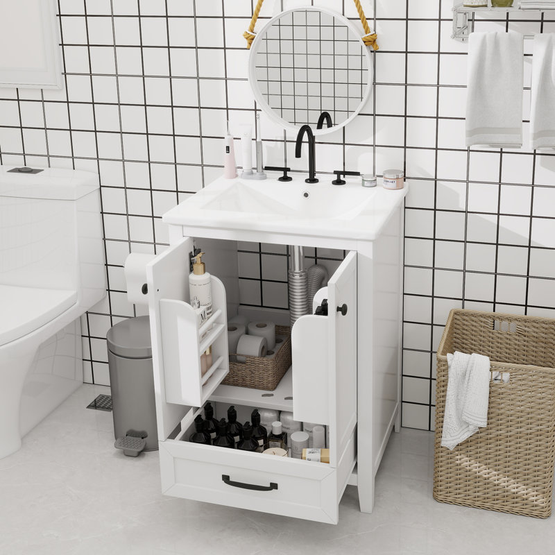 Meuble-lavabo 24 po avec évier, meuble-lavabo avec tiroir et portes, bois massif et panneau de fibres à densité moyenne, blanc