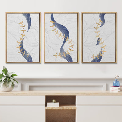 «Abstract Line Geometric Birds», ensemble de 3 reproductions d'art encadrées sur toile