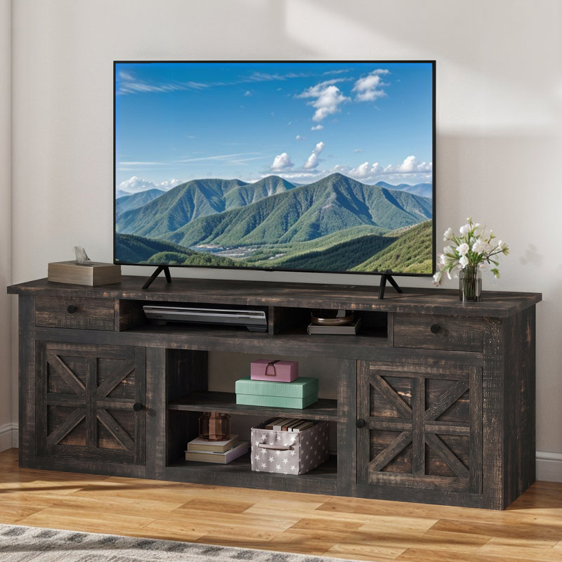 Meuble télé 70 po pour téléviseur de 80 po ou moins avec prise de courant, 25.6" H x 70" W x 15.5" D, Chêne rustique foncé