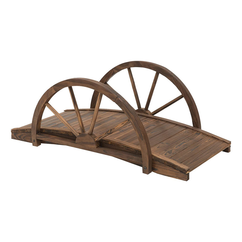 Outsunny 3.3ft Wooden Garden Bridge Arc Footbridge with Half-Wheel Style Railings & Solid Fir Construction, Stained Wood