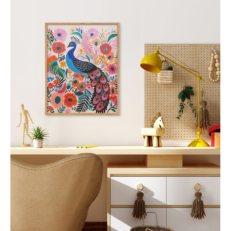 Art moderne paon vibrant moderne, Encadrement brun clair, H 16,65 po x l 20,65 po