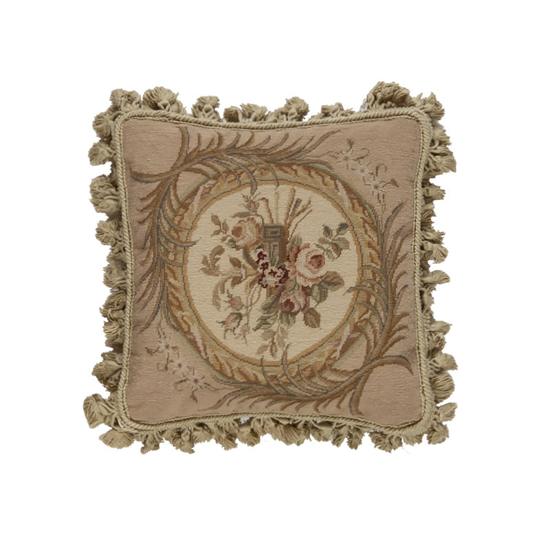 Needlepoint Fringed Reversible Throw Pillow, Square 16", Brown Floral 15