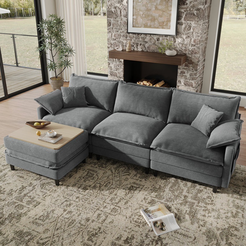 108'' Comfy  L Shaped Sectional Modular Cloud Sofa with Ottoman, Tool-free Easy Assembly Corduroy Couch, Gray