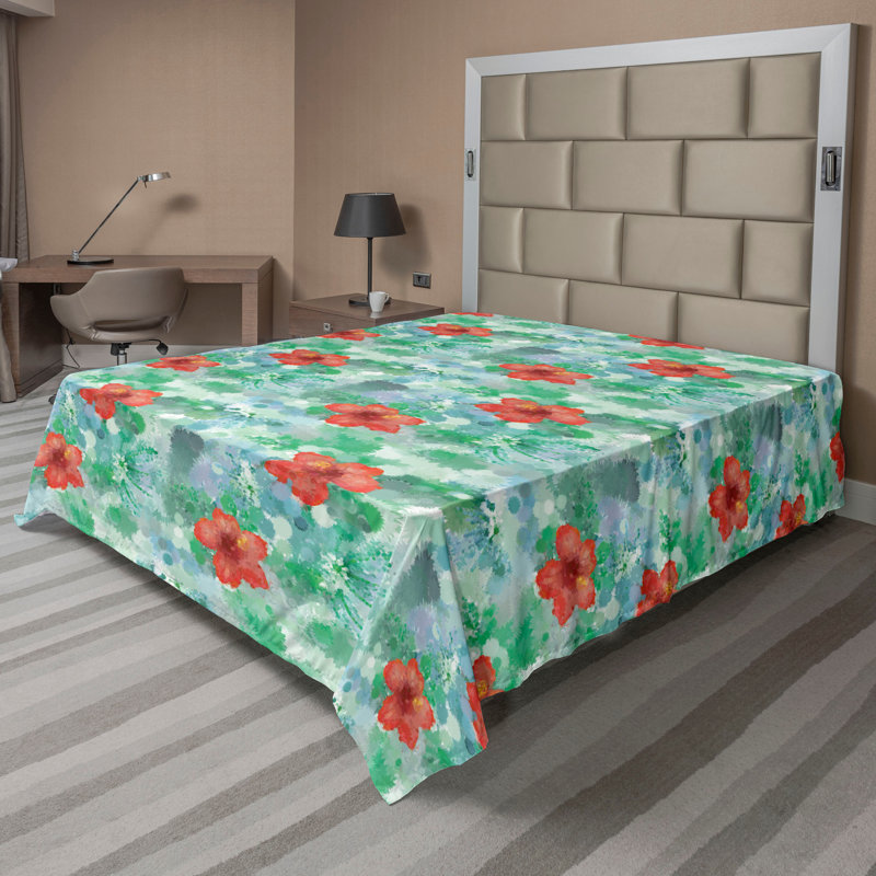 Drap plat Ambesonne, Drap plat de taille très grand, Corail foncé et vert / motif floral