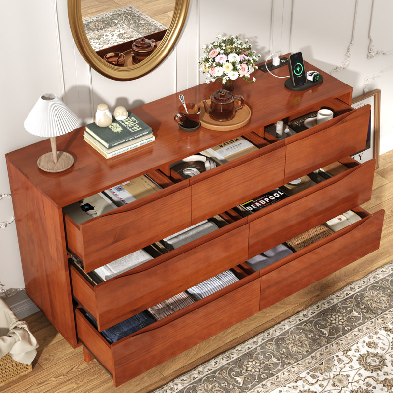 7 Drawer 55.12” Solid Wood Dresser With 2 Sockets and 2 USB Ports, Honey Brown