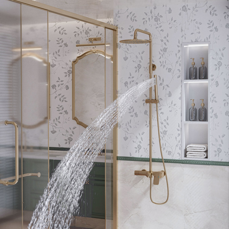 Luxurious Complete Shower System with Rough-in Valve Rain Showerhead, Brushed Gold