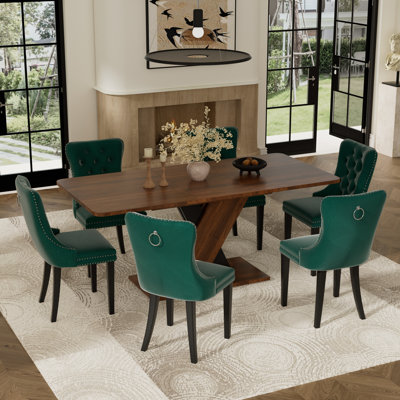 7 Pieces Modern Farmhouse Rectangle Dining Set with Mid-century High-end Tufted Dining Chair Set for 6