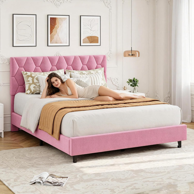 Cadre de grand lit avec tête de lit ajustable, cadre de lit rembourré, rose, Queen - rose