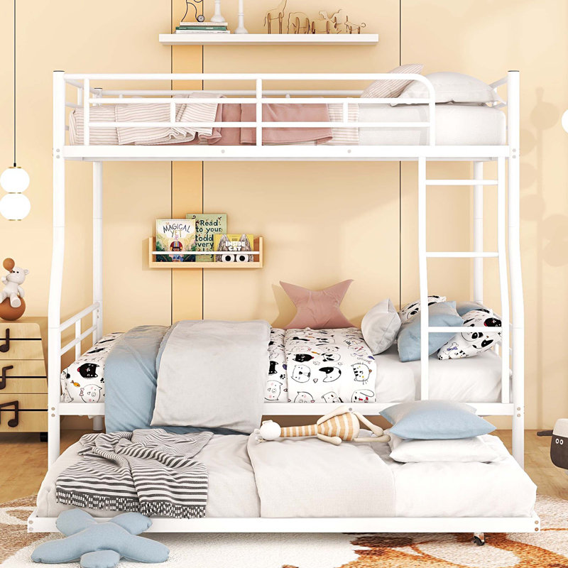 Full XL Over Queen Metal Bunk Bed with Trundle, Blanc