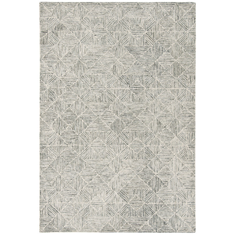 Linsly Geometric Handmade Tufted Wool/Cotton Light Green/Ivory Area Rug