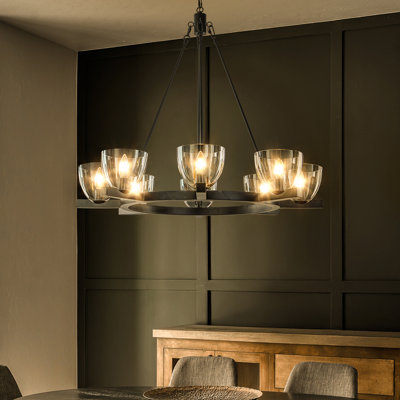Luminaire suspendu en verre soufflé de style lustre noir mat 8 lumières de 35 po de large pour salon / salle à manger