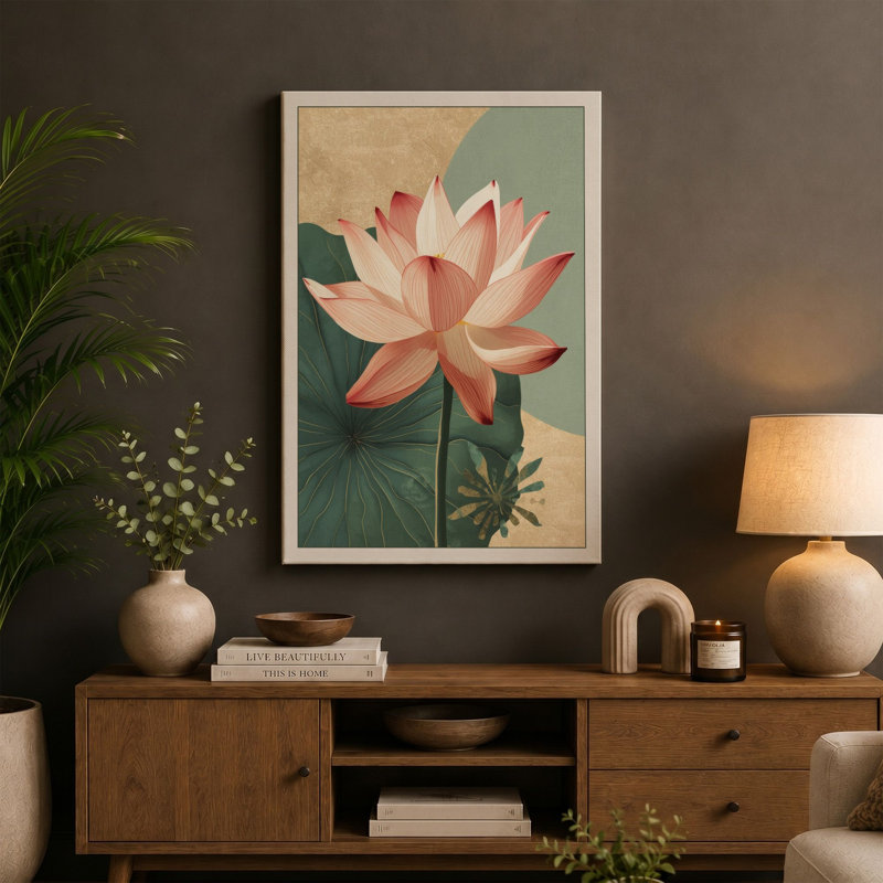 Lotus in Bloom Botanical - Wrapped Canvas, 36x24 - 91.4 x 61.0 cm, Terracotta Border