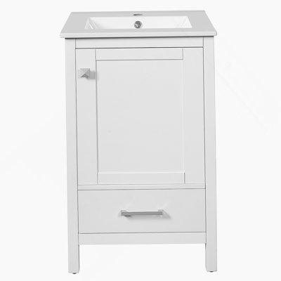 Meuble-lavabo moderne de 20 pouces avec lavabo en céramique, tiroir et porte à fermeture en douceur, organisateur de porte double couche, tiroir de séparation, patins réglables - conception de rangement peu encombrante