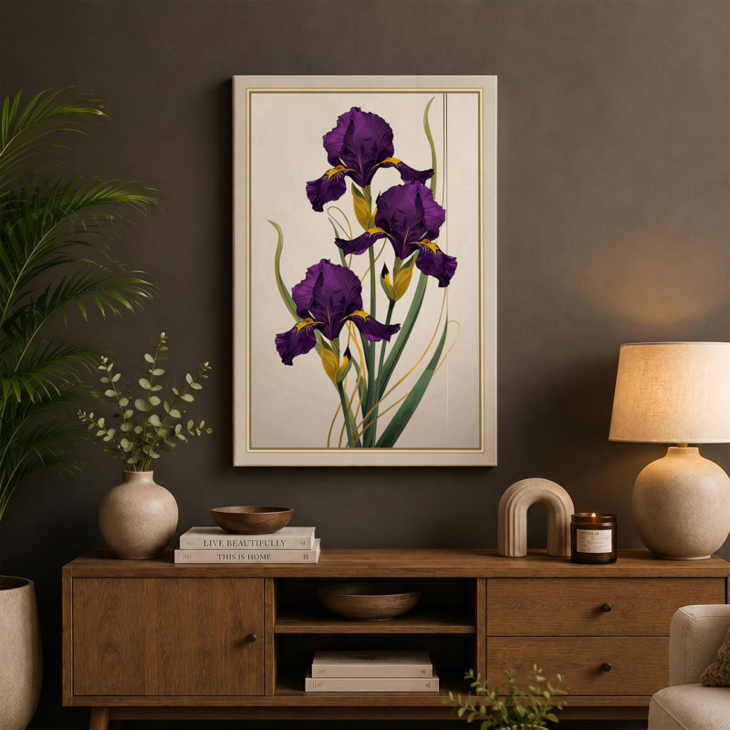 Three Purple Irises Botanical - Wrapped Canvas, 30x20 - 76.2 x 50.8 cm, White Border